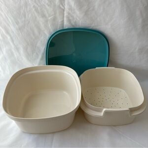 Tupperware Vintage Square Multi Server Microwave Steamer Teal & Ivory 3 Pieces